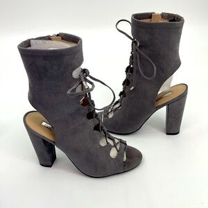 UEC Guess gray vegan suede lace up open toe booties size 7